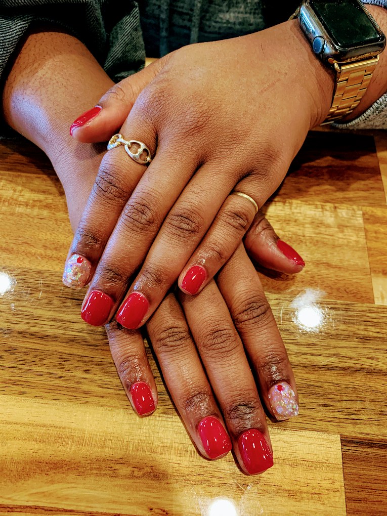 Rose mauve almond gel manicure with champagne glitter by Omega Nail Boutique